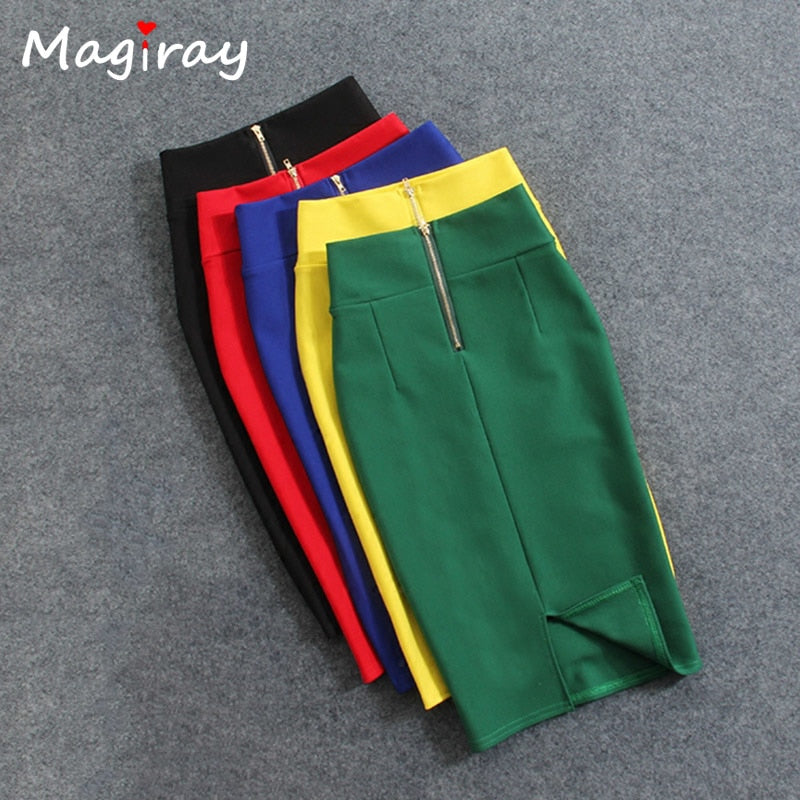 Magiray High Waist Elastic Pencil Skirt Female Bodycon Skirts Womens Summer 2017 Knee Length Back Split Ladies Office Saia C571