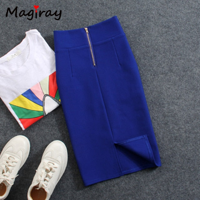 Magiray High Waist Elastic Pencil Skirt Female Bodycon Skirts Womens Summer 2017 Knee Length Back Split Ladies Office Saia C571