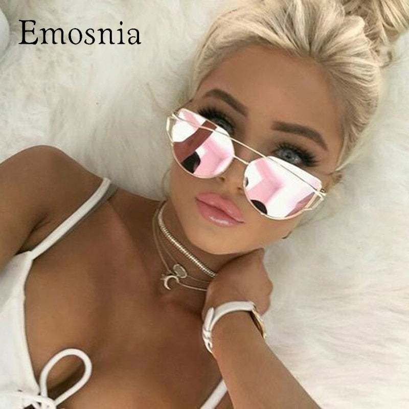 Emosnia Mirror Cateye Goggle Sunglass Ladies Fashion Metal Frame Pink Sunglasses Women Flat Top Brand Design Female Eyewear 2018