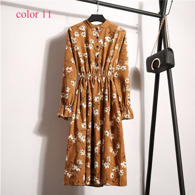 Corduroy High Elastic Waist Vintage Dress A-line Style Women Full Sleeve Flower Plaid Print Dresses Slim Feminino 18 Colors