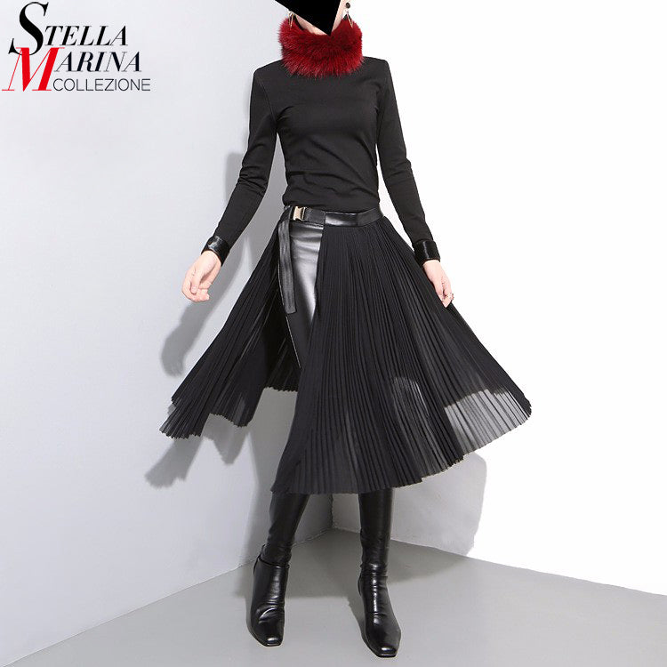 2018 Korean Style Women Black Pleated Chiffon Skirt Leather Belt Adjustable Waist Girls Unique Midi Sexy Party Wear Skirts 876