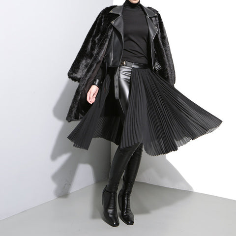 2018 Korean Style Women Black Pleated Chiffon Skirt Leather Belt Adjustable Waist Girls Unique Midi Sexy Party Wear Skirts 876