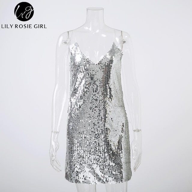 Deep V Neck Silver Sequined Backless Sexy Dress Women Off Shoulder Mini Dress Short Christmas Party Club Strap Dresses Vestidos