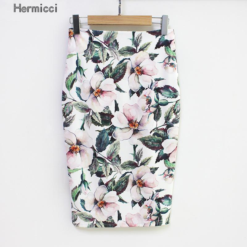 Hermicci 2018 Summer Style Pencil Skirt Women High Waist Green Skirts Vintage Elegant Bodycon Floral Print Midi Skirt