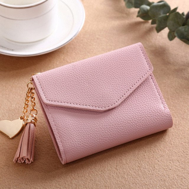 2018 fashion solid tassel women wallet for credit cards small luxury brand leather short womens wallets and purses zipper&hasp