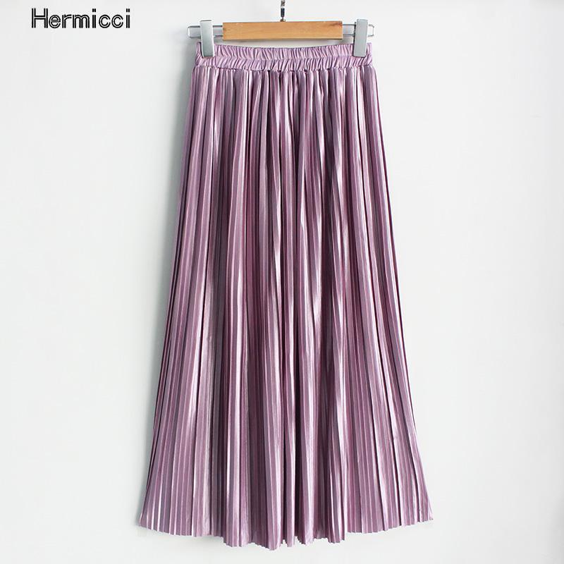 Hermicci 2018 Summer Pleated Ankle-length Maxi Skirt Long Vintage Women Metallic Skirt