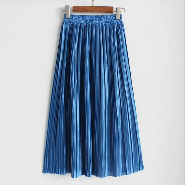 Hermicci 2018 Summer Pleated Ankle-length Maxi Skirt Long Vintage Women Metallic Skirt