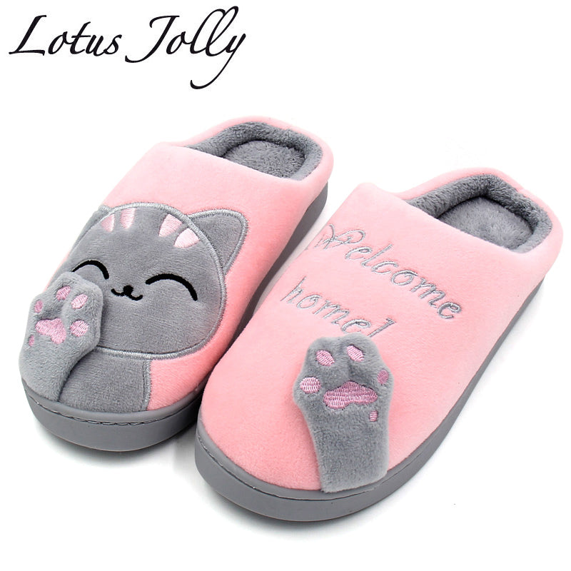 Women Winter Home Slippers Cartoon Cat Shoes Non-slip Soft Winter Warm House Slippers Indoor Bedroom Lovers Couples Floor Shoes