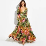 Vintacy Long Sleeve Dress Green Tropical Beach Vintage Maxi Dresses Boho Casual V Neck Belt Lace Up Tunic Draped Plus Size Dress