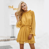 Simplee Lace up backless mesh dress women Elegant stringy selvedge sash mini dress Fashion long flare sleeve dresses vestidos