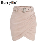 BerryGo High waist belt suede leather skirt female Autumn winter irregular bodycon mini skirt Sexy streetwear women skirt bottom