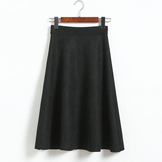 Neophil Women Suede High Waist Midi Skirt 2018 Winter Vintage Style Pleated Ladies A Line Black Flare Skirt Saia Femininas S1802