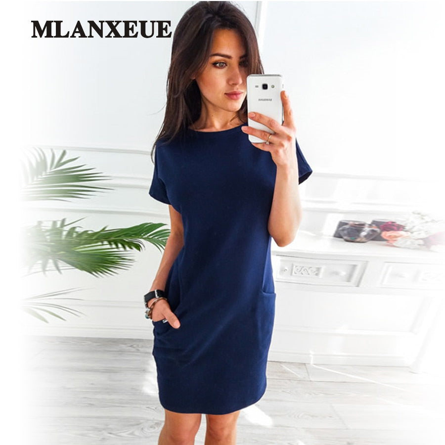 O-neck Short Sleeve Solid Party Dress Loose Straight Fashion Pockets Elegant Feminina Vestidos Casual Vintage Women Summer 2018