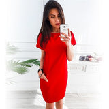 O-neck Short Sleeve Solid Party Dress Loose Straight Fashion Pockets Elegant Feminina Vestidos Casual Vintage Women Summer 2018