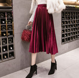 2018 Autumn Winter Velvet Skirt High Waisted Skinny Large Swing Long Pleated Skirts Metallic 18 Colors Plus Size 3XL Midi Saia