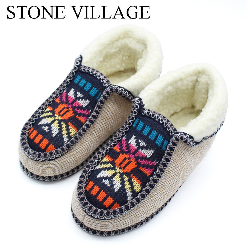 STONE VILLAGE Winter Warm Plush Slippers Print Knitted Home Slippers Soft Bottom Cotton Women Slippers Shoes Indoor Shoes Woman