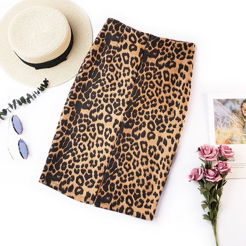 2018 summer retro leopard print office skirt high waist slim Korean version of the new elastic ladies casual sexy bag hip skirt