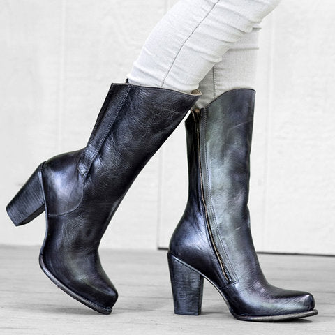 Leather Boots Vintage Plus Size Heeled Boots Zipper Heel Boots Autumn Shoes Women DB011