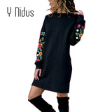 Y Nidus Dresses Women Winter Mini Dress Elegant Floral Print Long Sleeve O-Neck Loose Warm Dress Black Streeetwear vestido 2018