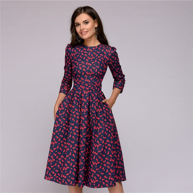 Womens Dresses New Arrival 2018 Fall Casual Printing Party Dress Ladies Autumn Summer Vintage Christmas Dresses Plus Size