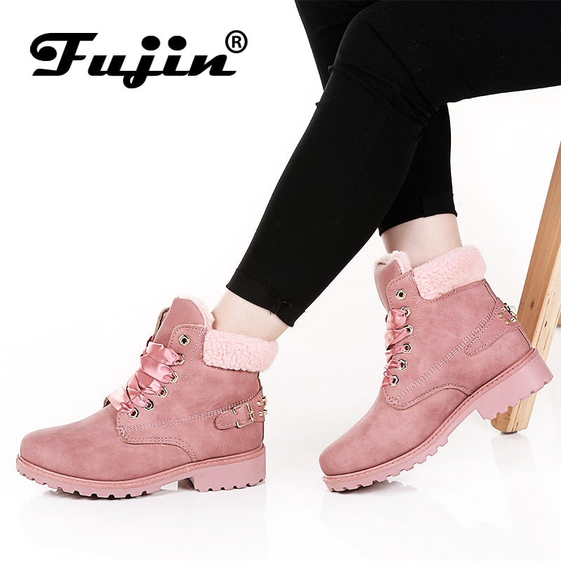 Fujin New Pink Women Boots Lace up Solid Casual Ankle Boots Booties 11.11 Round Toe Women Shoes winter snow boots warm british