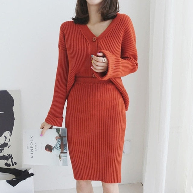 Winter Soft Warm Knitted 2 Pieces Set Full Sleeve Thicken Cardigan & Sweater Skirt Female Open Stitch Sweater Suits Set