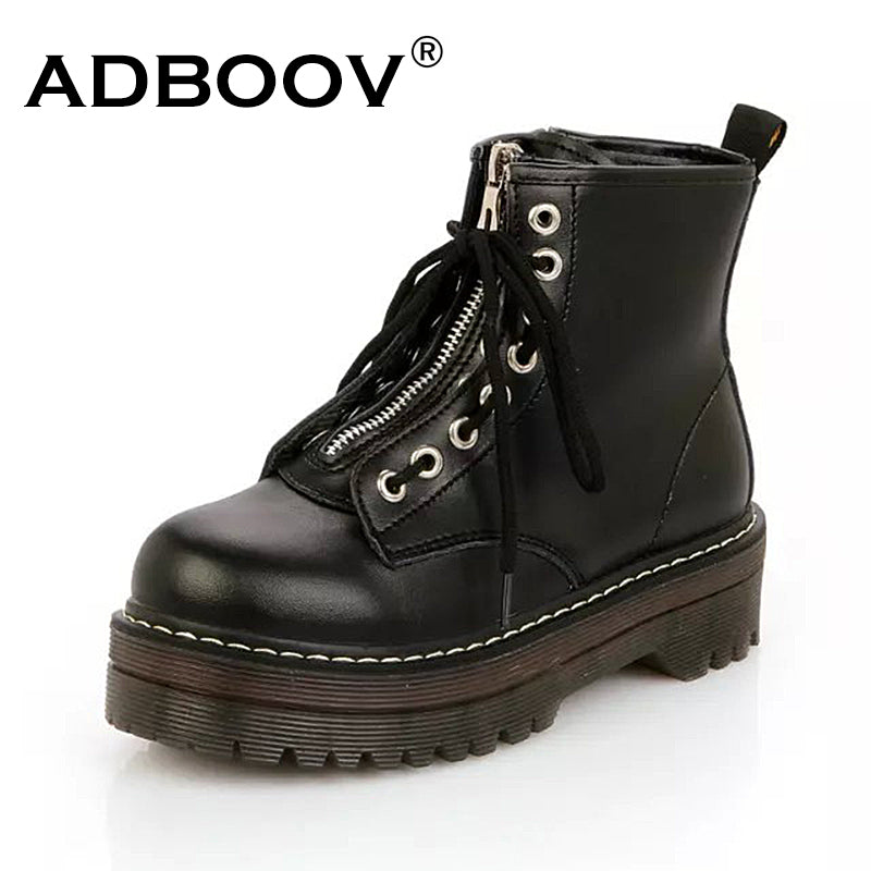 ADBOOV Quality PU Leather Platform Ankle Boots Women Zip Flat Martin Boots Cow Muscle Sole Winter Shoes Woman Chaussures Femme