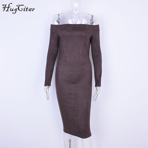 Hugcitar Suede Long Sleeve off shoulder Women mid-calf Dress 2018 Autumn Winter Female sexy Bodycon new year party Dresses