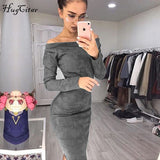 Hugcitar Suede Long Sleeve off shoulder Women mid-calf Dress 2018 Autumn Winter Female sexy Bodycon new year party Dresses