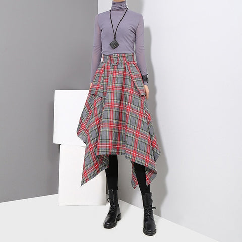 [EAM] 2019 New Spring High Waist Red Plaid Split Joitn Loose Big Hem Half-body Skirt Women Fashion Tide All-match JD402