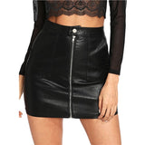 COLROVIE Spring Plain Faux Leather Skirt Black Mid Waist Zip Front Sexy PU Skirt Women Elegant Sheath Above Knee Mini Skirt