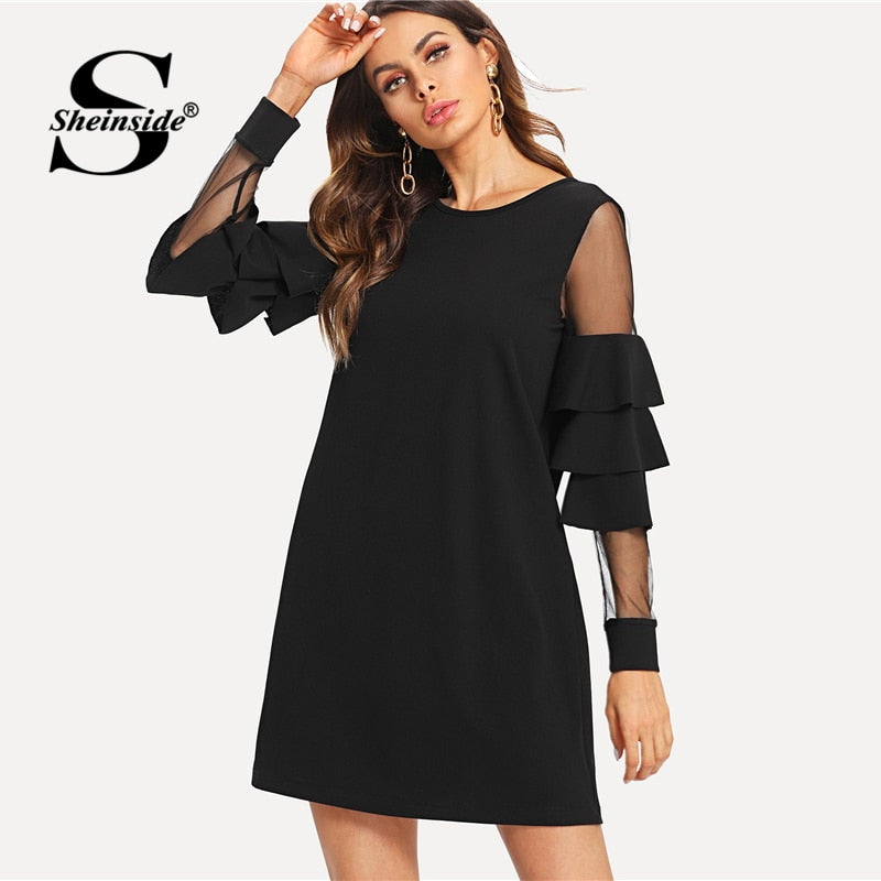 Sheinside Ruffle Long Sleeve Black A Line Work Dresses Ladies Contrast Mesh Tiered Layer Straight Women Elegant Mini Dress