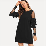 Sheinside Ruffle Long Sleeve Black A Line Work Dresses Ladies Contrast Mesh Tiered Layer Straight Women Elegant Mini Dress