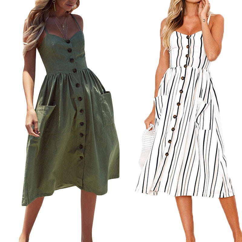 Casual Vintage Sundress Women Summer Dress 2019 Boho Sexy Dress Midi Button Backless Polka Dot Striped Floral Beach Dress Female