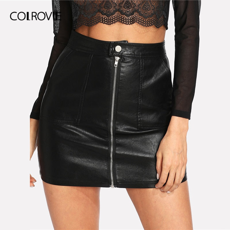 COLROVIE Spring Plain Faux Leather Skirt Black Mid Waist Zip Front Sexy PU Skirt Women Elegant Sheath Above Knee Mini Skirt