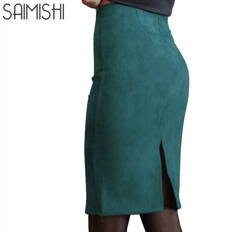 Sainishi Super Deals Women Suede Solid Color Pencil Skirt Female Spring Autumn Basic High Waist Bodycon Split Knee Length Skirts