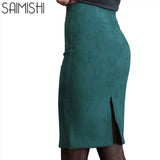 Sainishi Super Deals Women Suede Solid Color Pencil Skirt Female Spring Autumn Basic High Waist Bodycon Split Knee Length Skirts